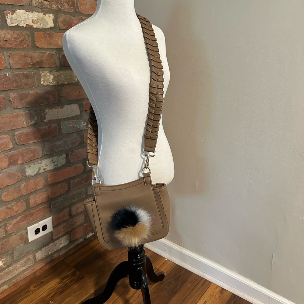 Anthropologie Tan Crossbody Bag with Fur Pom Pom